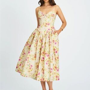 Jacinda Yellow Floral Print Ruched Breast Linen Midi
Dress